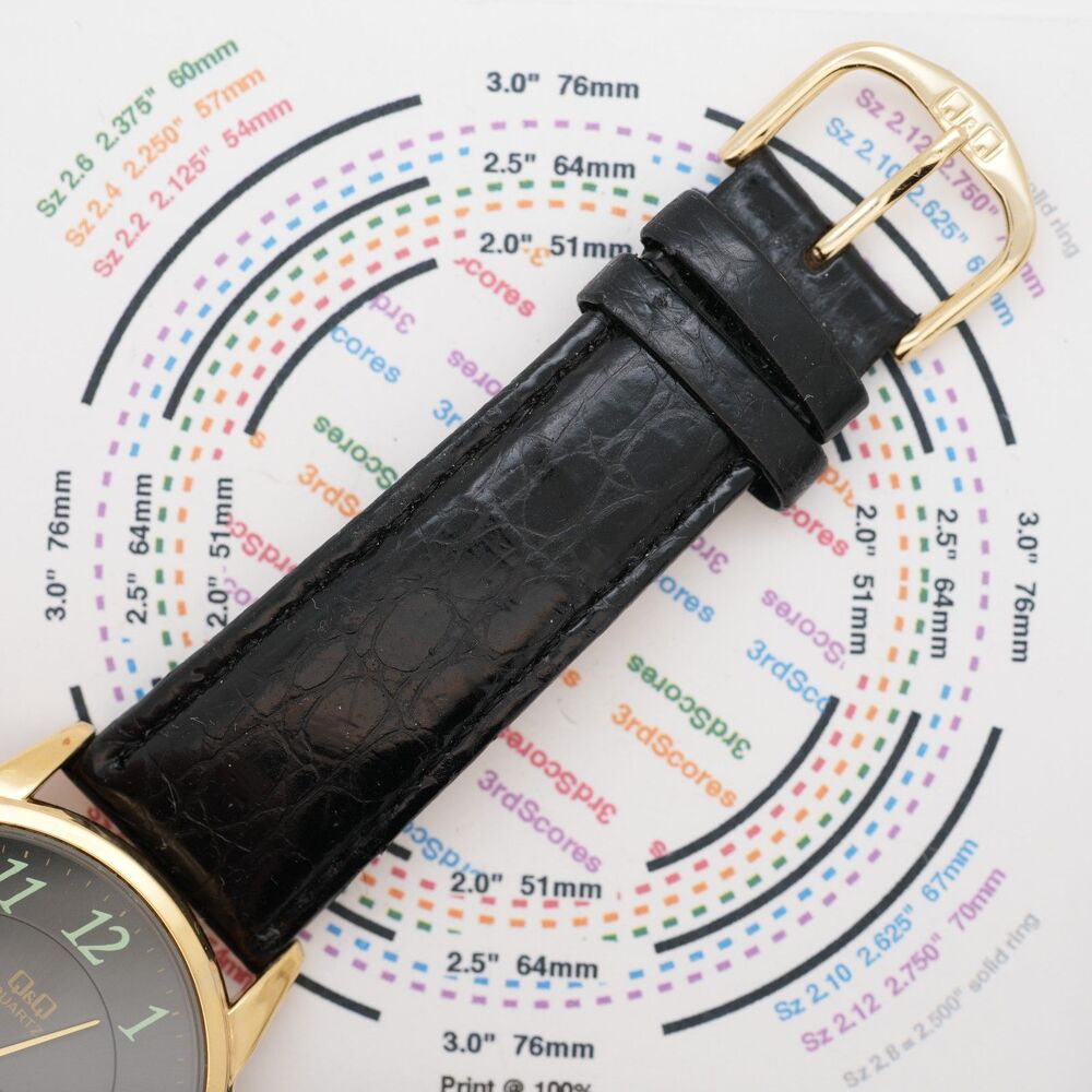 Q&Q Quartz Mens Watch 42mm Gold Tone Black Dial Leather Strap New Battery - Picture 5 of 8